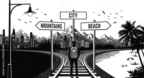 Person at crossroads with signs for city mountains and beach and contrasting landscapes Keywords: crossroads, decision, choice