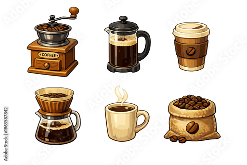 Coffee making tools and drinks displayed together for brewing coffee at home or a cafe setting