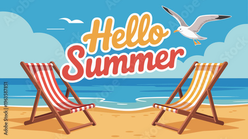 A vibrant illustration depicts a beach scene with two deck chairs and the text hello summer against a blue sky high quality professional detailed modern elegant