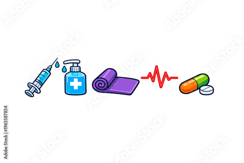 Medical items for health care and treatment in a simple design showing syringe, disinfectant, bandage, heartbeat, and medicine