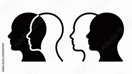 This minimalist illustration depicts two human profiles facing each other forming a continuous line representing connection and duality high quality professional detailed modern elegant stylish clean