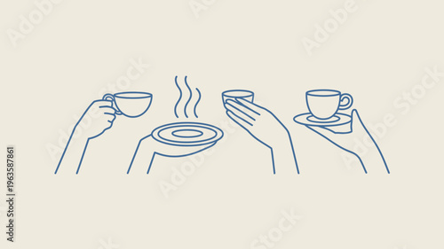 A minimalist blue line drawing depicts various stages of enjoying a cup of tea or coffee from holding to sipping high quality professional detailed modern elegant