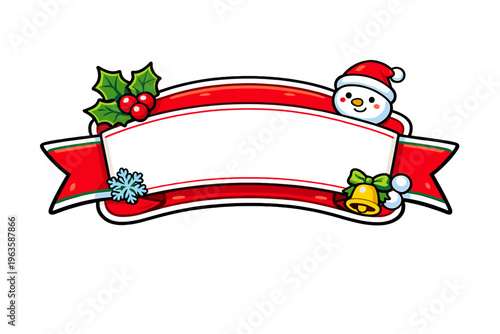 Snowman and Christmas decorations on a banner ready for holiday messages and greetings in a festive setting