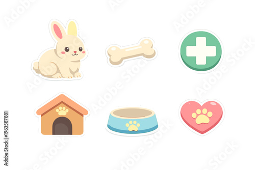 Cute stickers of pets and pet supplies include a bunny, dog bone, cross, house, bowl, and heart