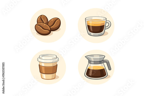Different types of coffee items shown in a simple graphic design including coffee beans and cups