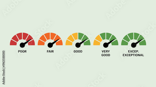 A series of five semi circular gauges displays a performance scale ranging from poor to exceptional in color high quality professional detailed modern elegant stylish clean