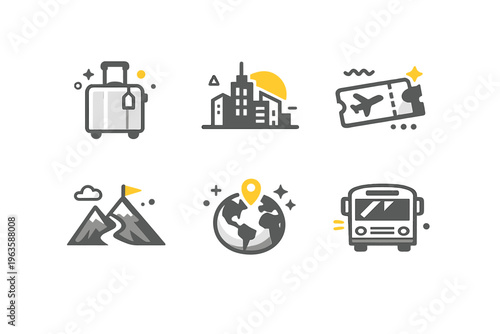Travel elements showing suitcase, city skyline, airplane ticket, mountains, world globe, and bus