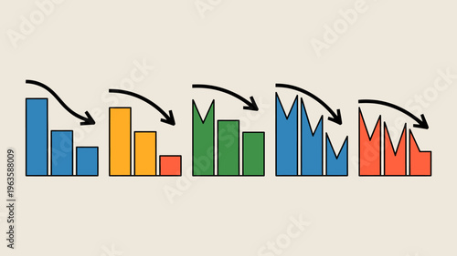 A series of colorful bar graphs illustrate a declining trend with each subsequent chart showing decreasing values and complexity high quality professional detailed modern elegant stylish