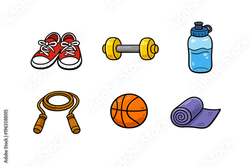 Workout items include shoes, dumbbell, water bottle, jump rope, basketball, and yoga mat