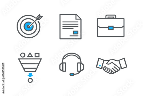 Business concepts are shown through various icons including target, documents, briefcase, funnel, headset, and handshake in a simple style
