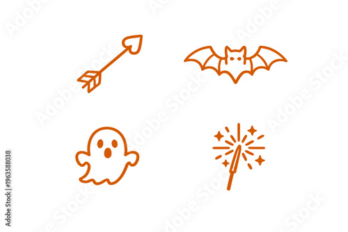 Various Halloween and spooky symbols including an arrow, bat, ghost, and sparkler