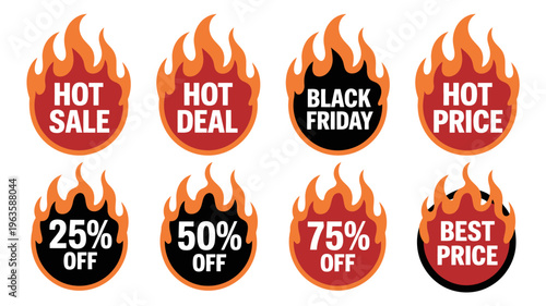 A collection of circular sale badges adorned with vibrant flame graphics promoting discounts and special offers for black friday high quality professional detailed modern elegant stylish