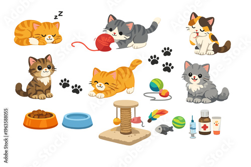 Cute cartoon cats with toys and food bowls in colorful settings during playful moments