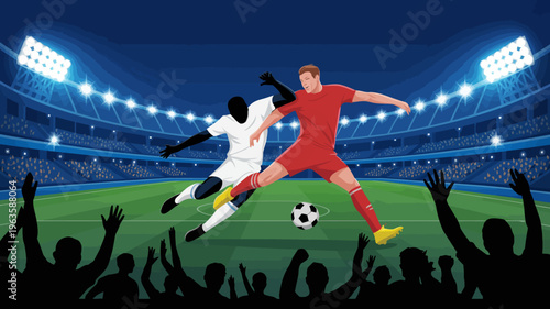 Two soccer players compete for the ball in a brightly lit stadium surrounded by blurred spectators and dynamic action high quality professional detailed modern elegant stylish