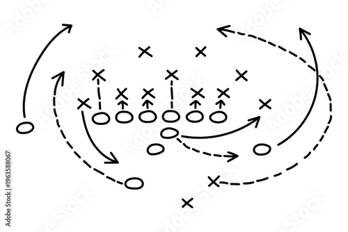Chalkboard with scheme of football game. Football strategy play diagram on chalkboard, coach tactical board with arrows and player positions, team formation planning vector illustration.
