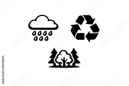 Symbols of nature and sustainability showing rain, recycling, and trees with the aim to promote environmental awareness and responsibility