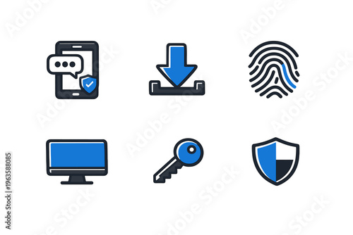 Icons representing digital security tools and methods for online safety in various formats and devices