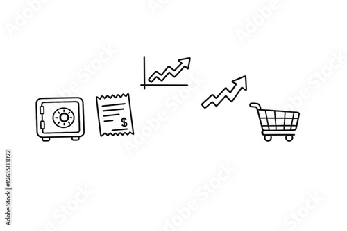 Illustration showing a safe, a receipt, a graph with upward trends, and a shopping cart in a financial context