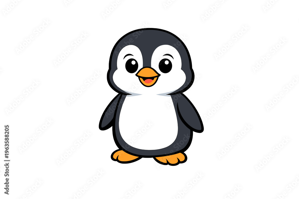 Obraz premium Cute penguin cartoon standing on a white background with a cheerful expression and flippers at its side
