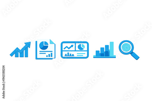 Icons representing data analysis with charts and graphs for business presentation in blue color palette used in various digital formats