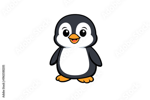 Cute penguin cartoon standing on a white background with a cheerful expression and flippers at its side