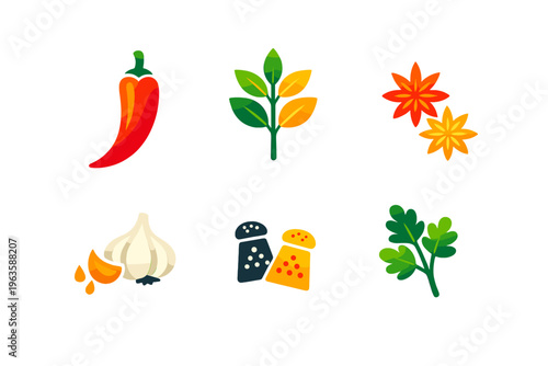 Fresh ingredients on a white background showing spices and herbs in a simple layout for cooking and food preparation
