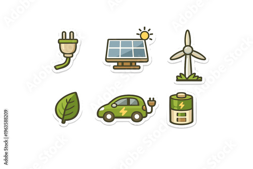 Various symbols representing renewable energy sources and electric vehicles displayed on a white background