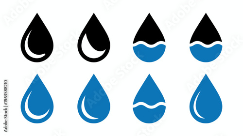 A collection of eight water droplet icons is displayed varying in shape and fullness with both black and blue variations high quality professional detailed modern elegant