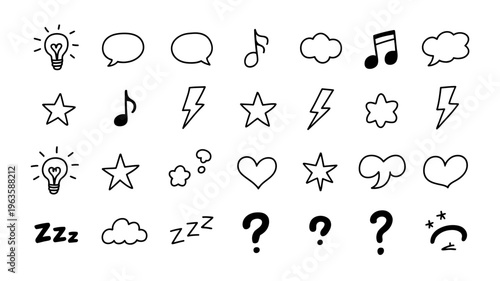 A collection of hand drawn black and white icons depicting ideas speech music weather and emotions in a playful doodle style high quality professional detailed modern