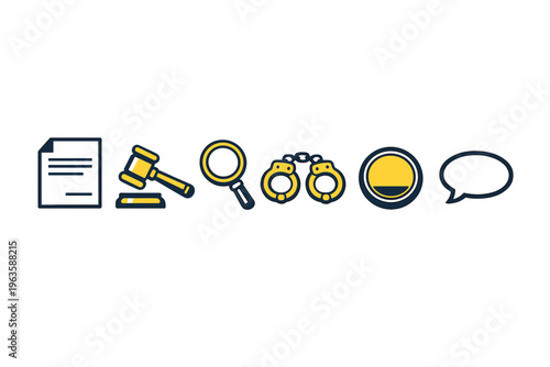Icons representing law enforcement, justice system, and communication methods in various legal contexts