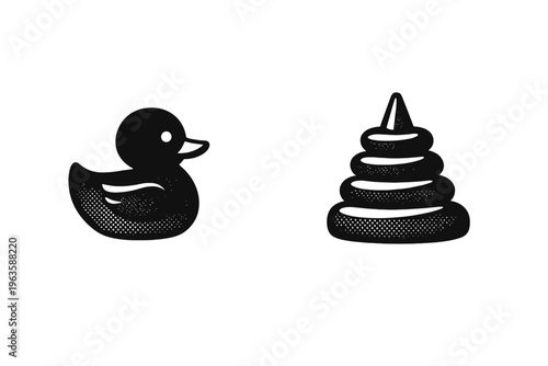 Funny duck and funny poop shapes together on a plain background for playful design use in various projects and crafts
