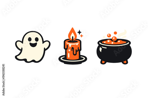 Happy ghost stands beside a lit candle and a bubbling cauldron during a Halloween gathering