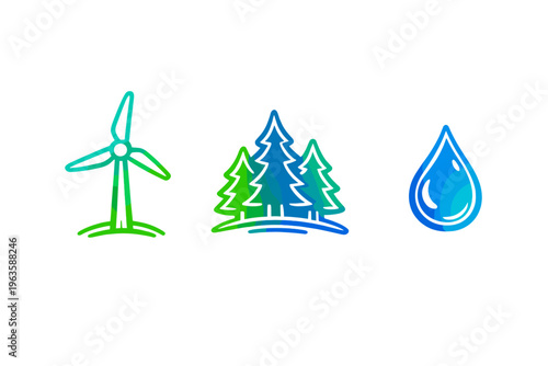 Wind energy, trees, and water drop symbols showing connection to nature and renewable resources in a simple design