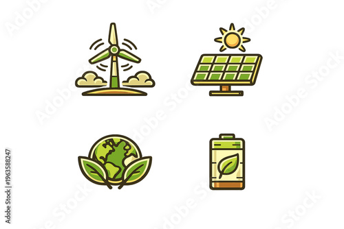 Wind and solar icons displaying renewable energy sources and environmental themes in simple graphic design style