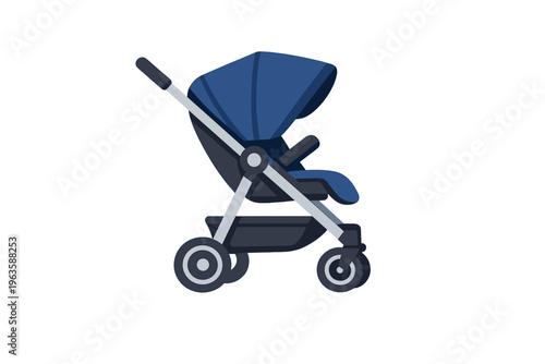 Stylish stroller design shown from the side with a blue seat and black frame suitable for taking children on walks