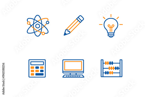 Icons of learning and education showing a variety of tools used in science and math for teaching and studying