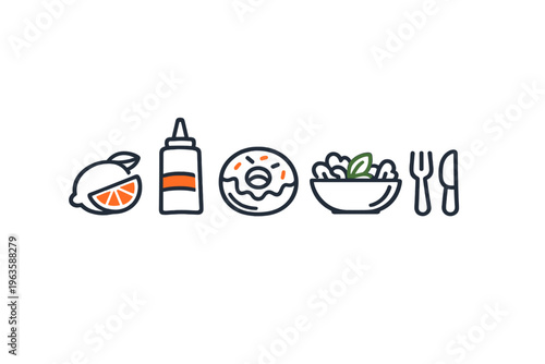 Variety of food items including lemon, mustard, donut, salad, and utensils on a plain background