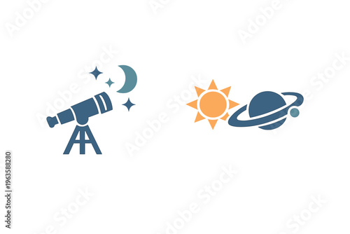 Telescope and celestial bodies illustrate stargazing activities during nighttime in a clear sky