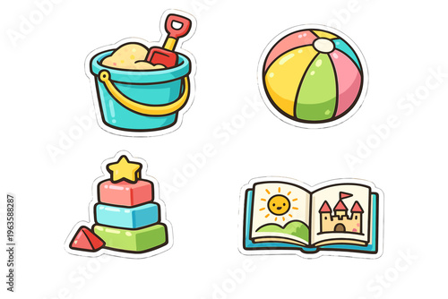 Colorful beach toys and a storybook on a plain background showing a fun and creative time for children during summer activities
