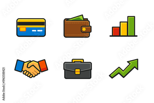 Different financial icons showing payment methods, savings, business deals, and growth trends in a simple layout