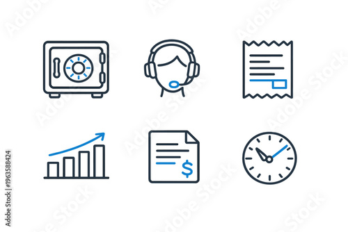 In a collection of simple designs, icons showing banking and finance activities are displayed