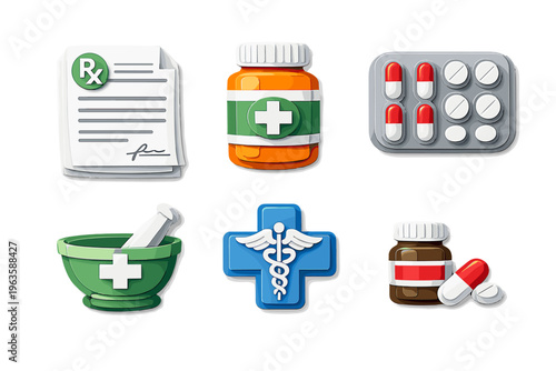 Icons of medicine showing a prescription, medicine bottles, pills, and a mortar and pestle for healthcare use