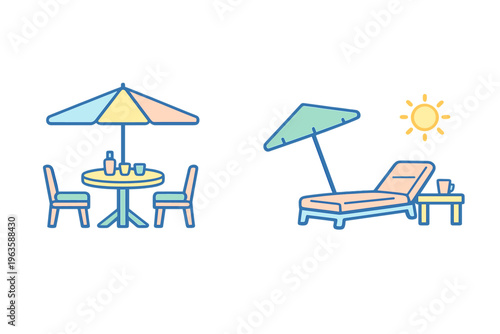 Seating area under an umbrella with a lounge chair and sun, set in a bright outdoor space during daytime