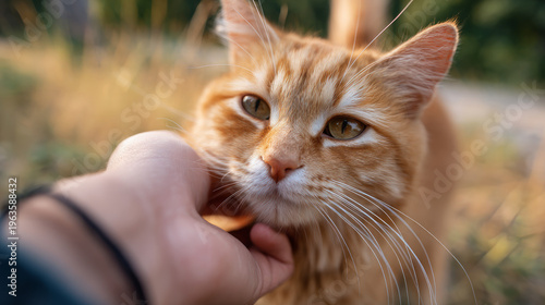 A Close Up Portrait of a Cute Orange Tabby Cat Being Gently Caressed by a Human Hand Outdoors