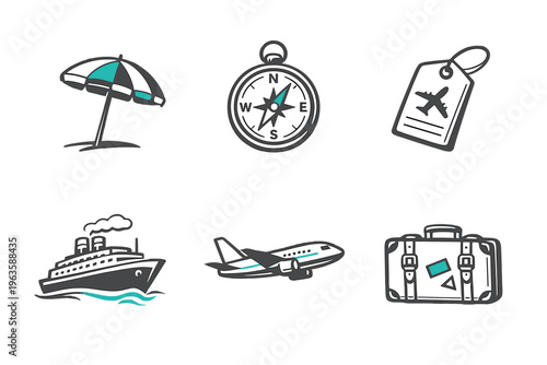 Vacation symbols include umbrella, compass, luggage tag, airplane, cruise ship, suitcase