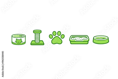 Icons of pet care items including cat food, scratching post, paw print, litter box, and water bowl displayed in green colors