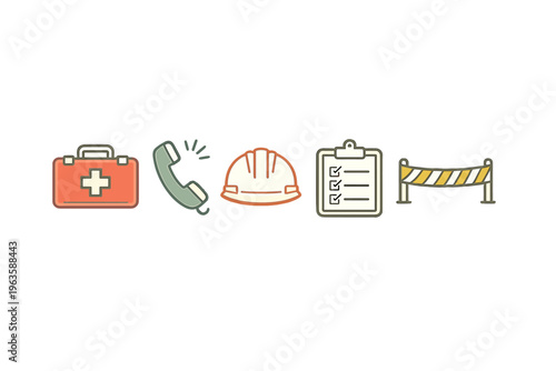 Safety symbols for construction and emergency response in a simple design layout for clear communication in workplaces