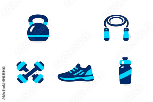 Fitness items for exercise and workout, including weights, shoes, jump rope, and water bottle