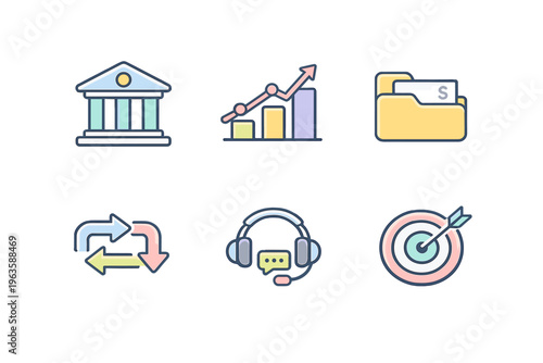 Icons representing financial services and business activities related to banking, growth, and customer support in a modern environment