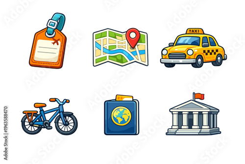 Travel items including map, taxi, bike, and passport for planning trips or exploring new places
